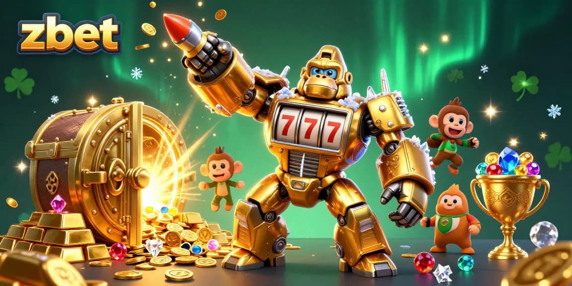 Experience thrilling zbet gaming with a golden gorilla mech amid a treasure-filled casino scene.