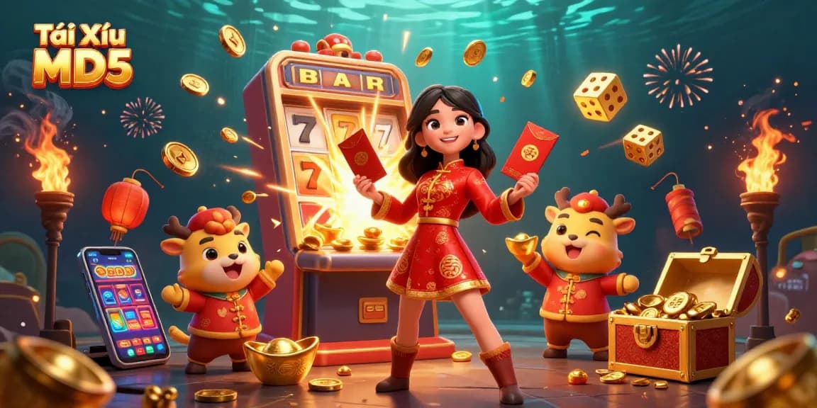 Tài Xỉu MD5 rewards players with vibrant jackpots featuring a beautiful Asian woman and bursting slot elements.