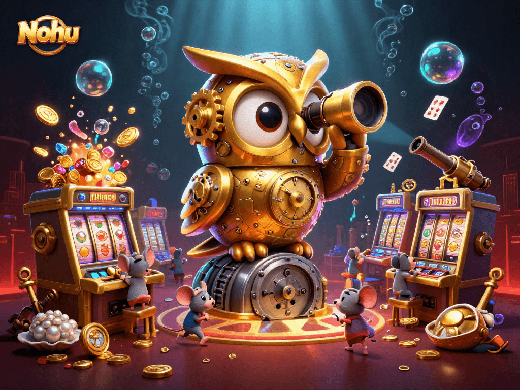Nohu engages players with a lively casino scene featuring spinning slot machines and whimsical characters.