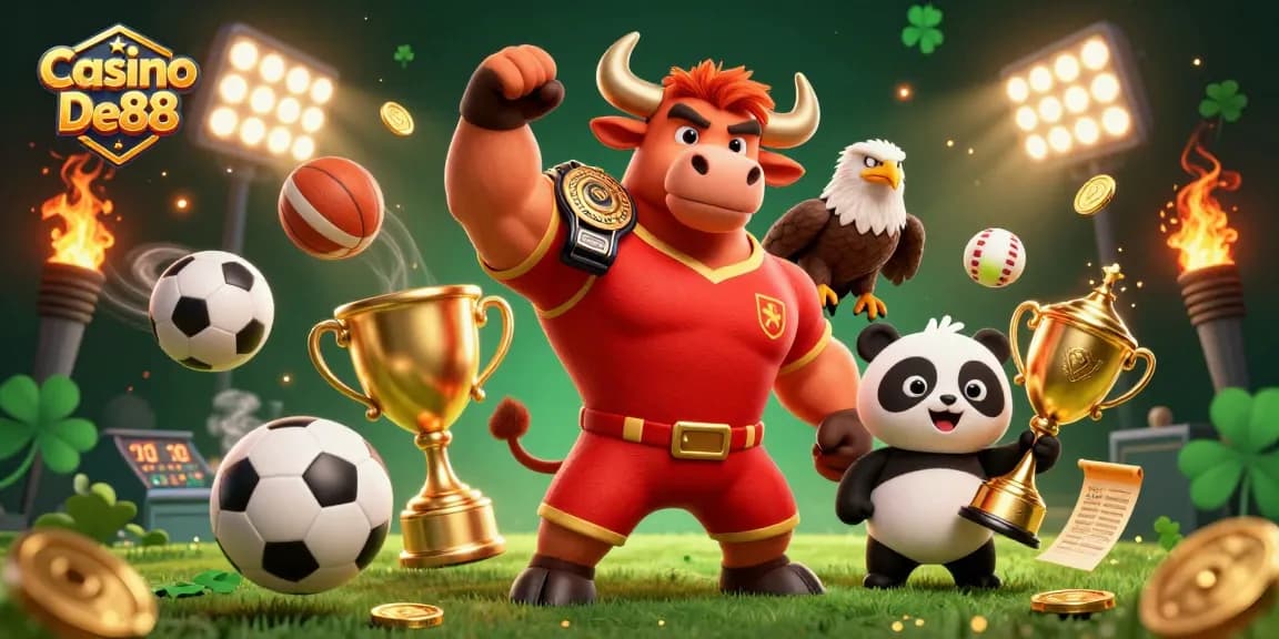 Engage in thrilling wins at Casino De88 with a bull mascot, eagle, and panda celebrating victory.