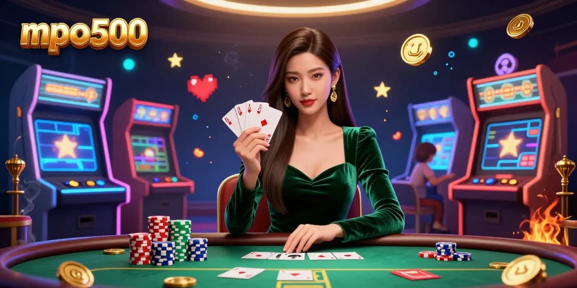 Experience thrilling gameplay at mpo500 with a skilled poker player holding cards amidst vibrant casino elements.