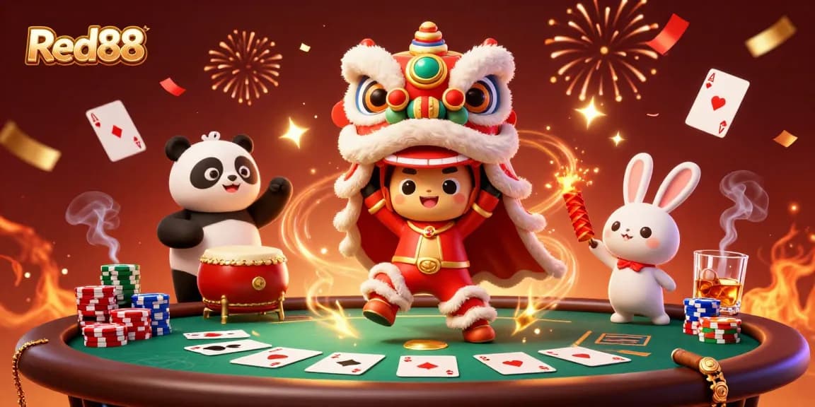 Engage with Red88's vibrant atmosphere featuring a lively lion dance and poker action.