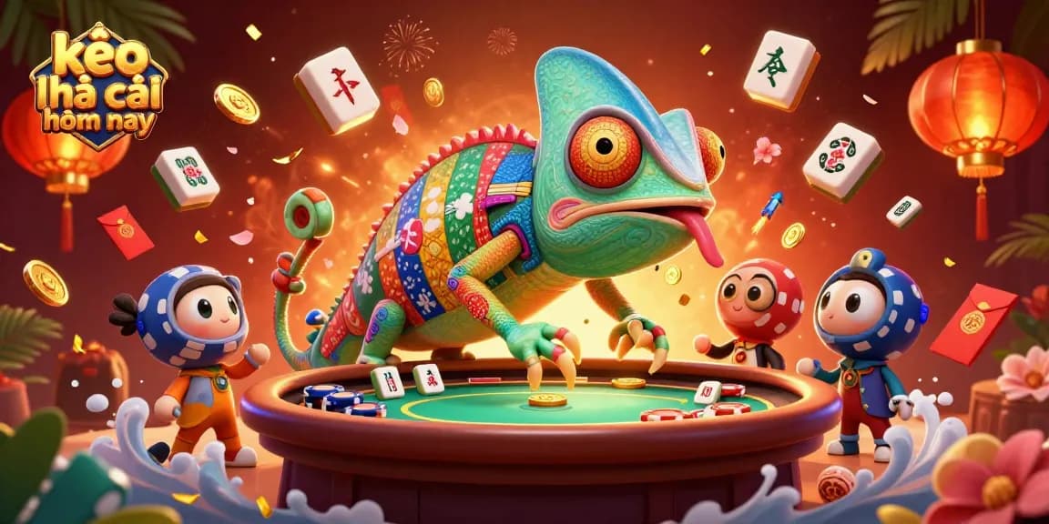 Engage with kèo nhà cái hôm nay in this vibrant casino scene featuring a chameleon owner and playful game elements.