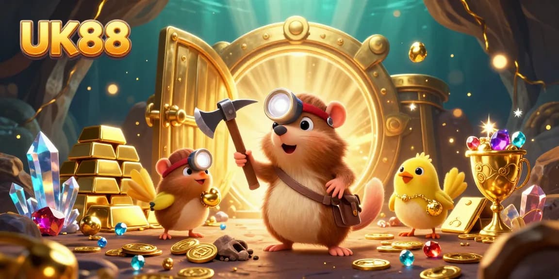 Engage with UK88’s thrilling treasure hunt featuring a cartoon mole and canary amidst riches.