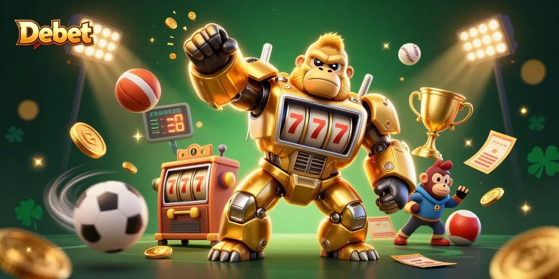 Experience thrilling betting adventures with Debet in this captivating 3D illustration of a golden mech and sports elements.