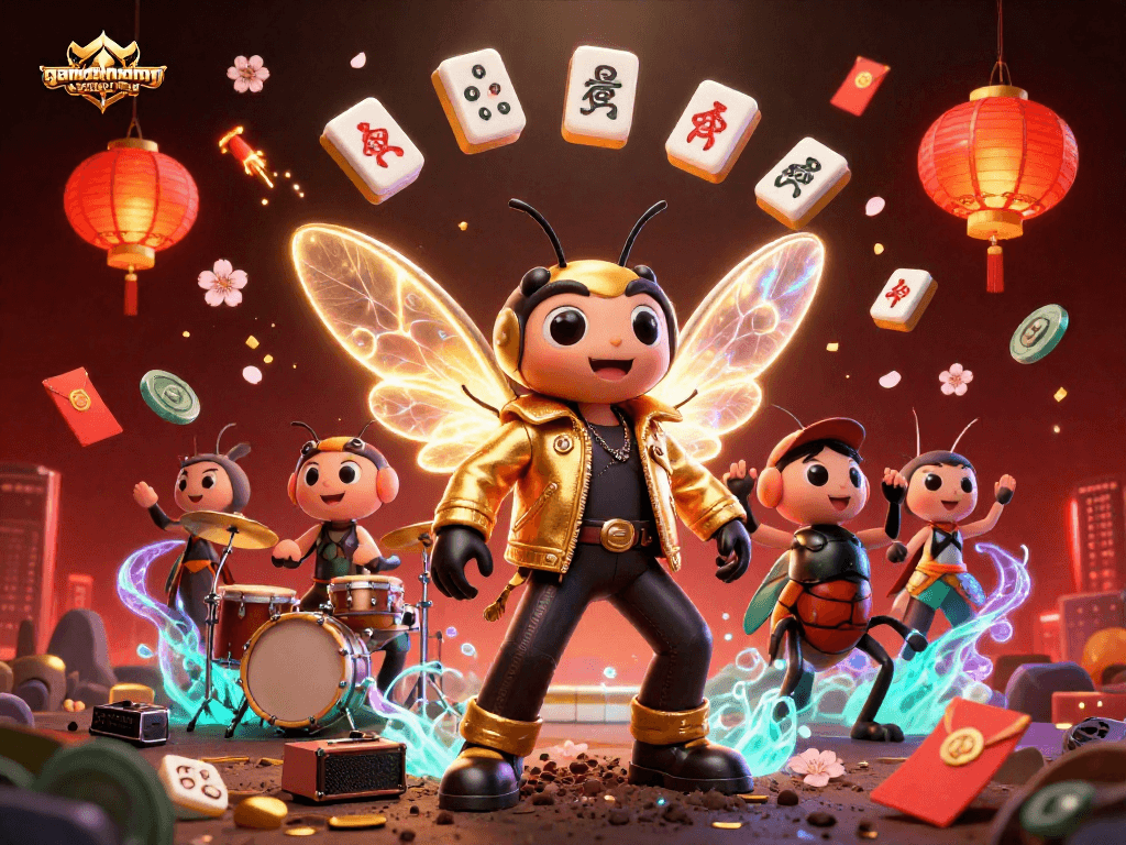 Experience excitement at gamethuongnohu with a vibrant 3D illustration of a rock star cicada and casino elements.