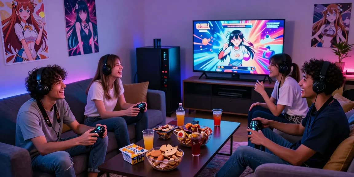 Social gathering in a living room with friends playing a real ecchi game, lively atmosphere.