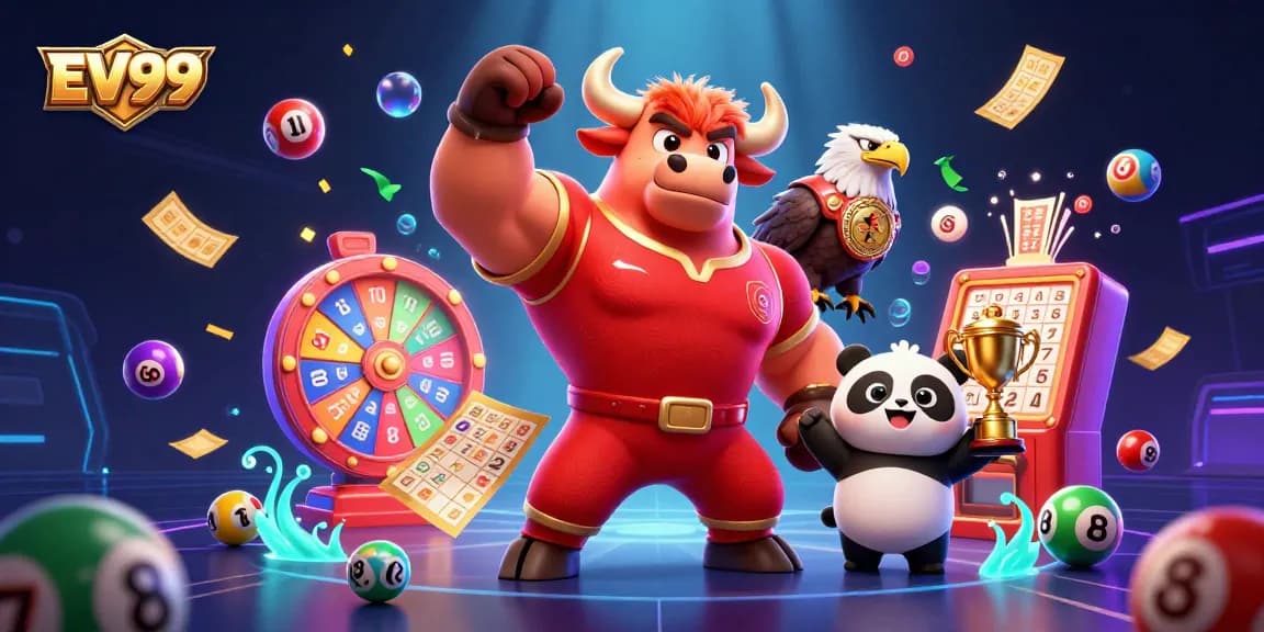 Experience the thrill of EV99 with dynamic lottery elements and vibrant casino characters.