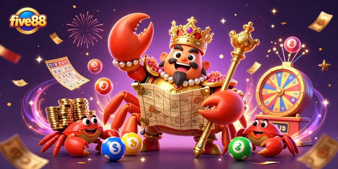 Engage with five88 through exciting lottery gameplay featuring golden crab characters, vibrant balls, and prize wheels.