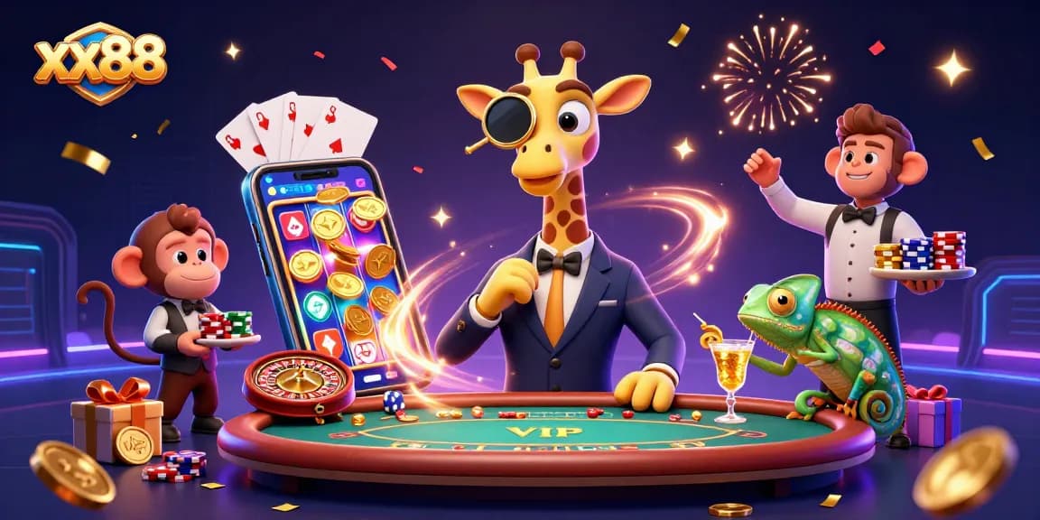 Experience thrilling gaming with xx88's vibrant 3D casino scene featuring interactive elements and characters.