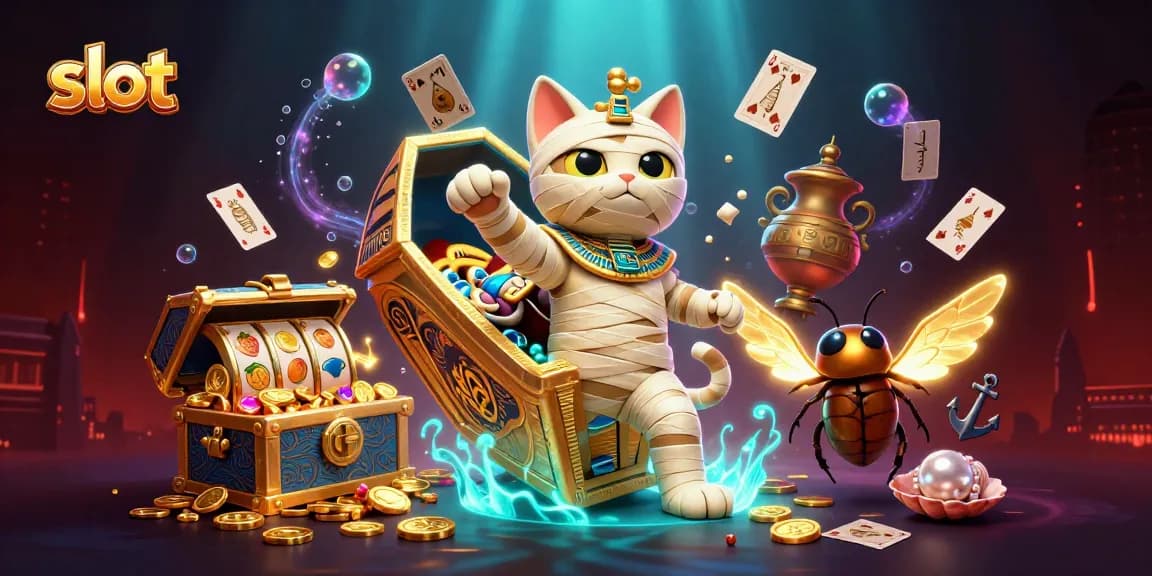Spin to win with thrilling slot action featuring an Egyptian mummy cat in an exciting casino scene.