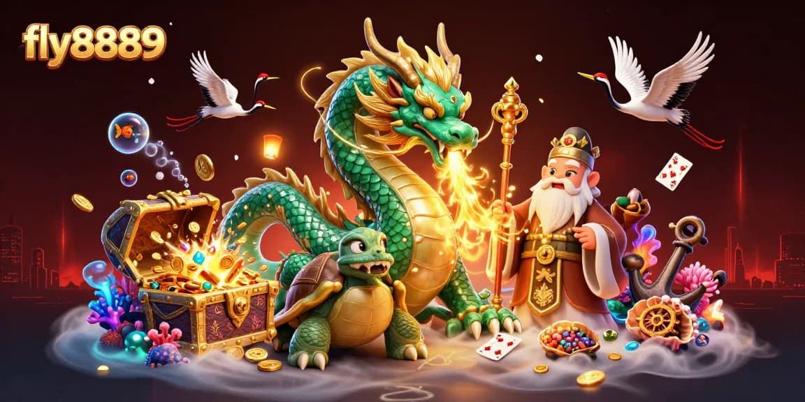 Experience thrilling gameplay at fly8889 with a vibrant scene of enchanting casino elements surrounding majestic characters.