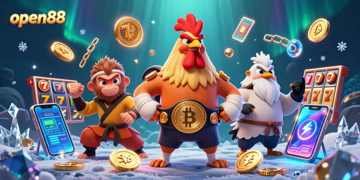 Engaging illustration depicting open88's vibrant casino scene with characters and slot elements.