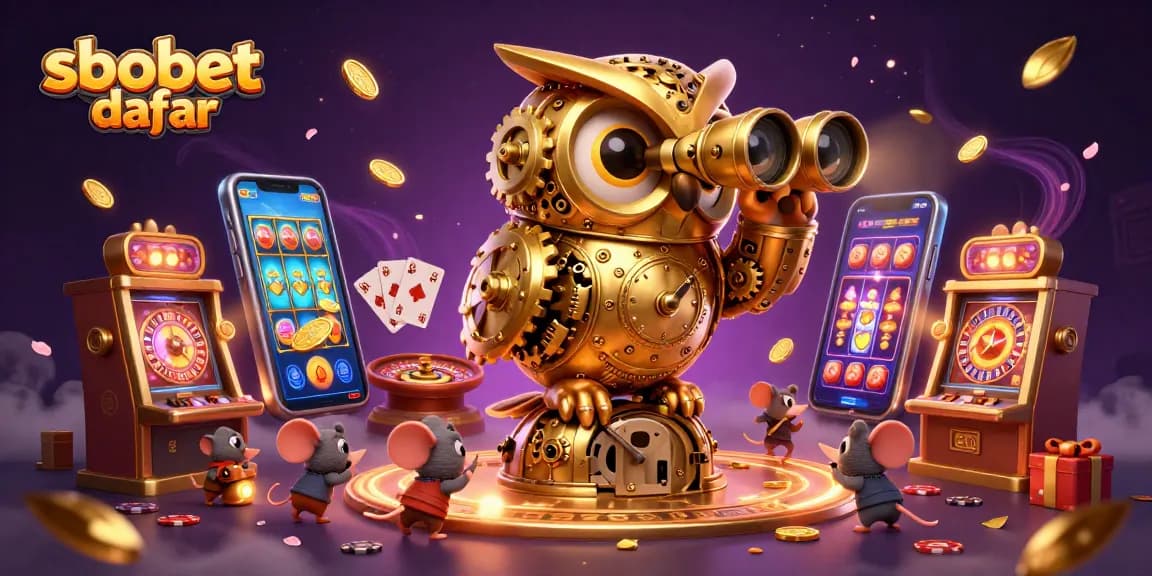 Experience sbobet daftar with a golden owl scanning an engaging casino scene filled with exciting elements.