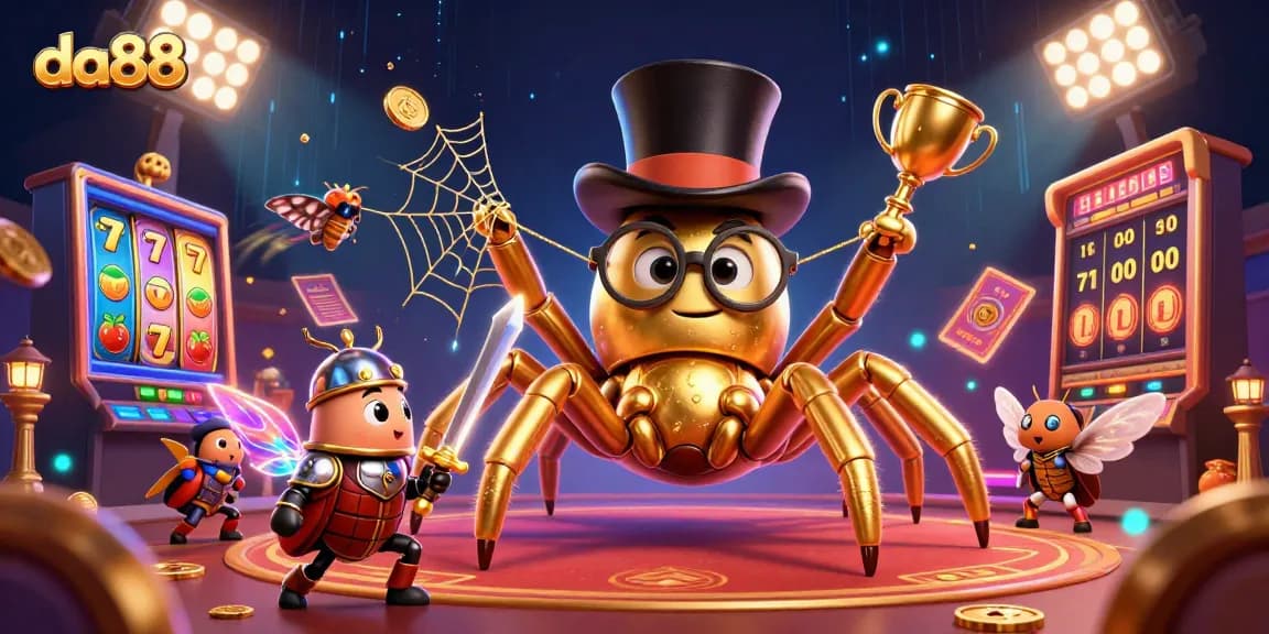 Experience the thrill of da88 with a golden tarantula weaving casino magic in this vibrant scene.