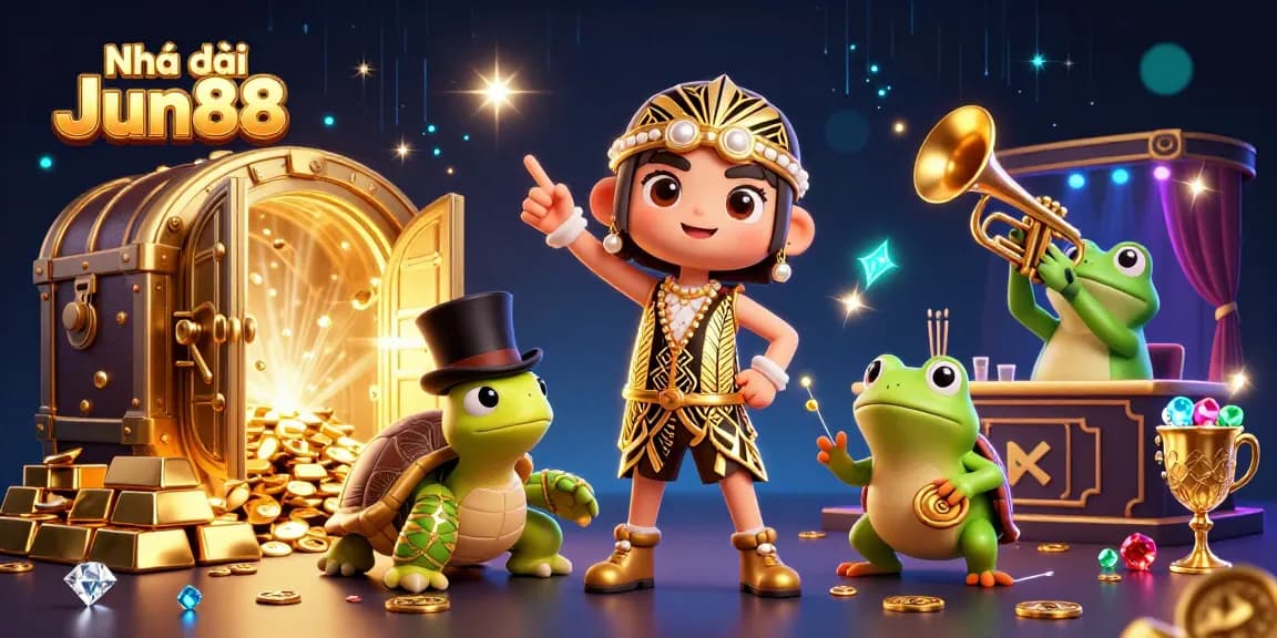 Experience the excitement at Nhà cái Jun88 with a vibrant casino scene featuring charismatic characters and treasure elements.