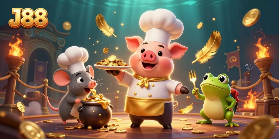 Experience the thrilling world of J88 casino with gourmet gold coins served by a chef pig.