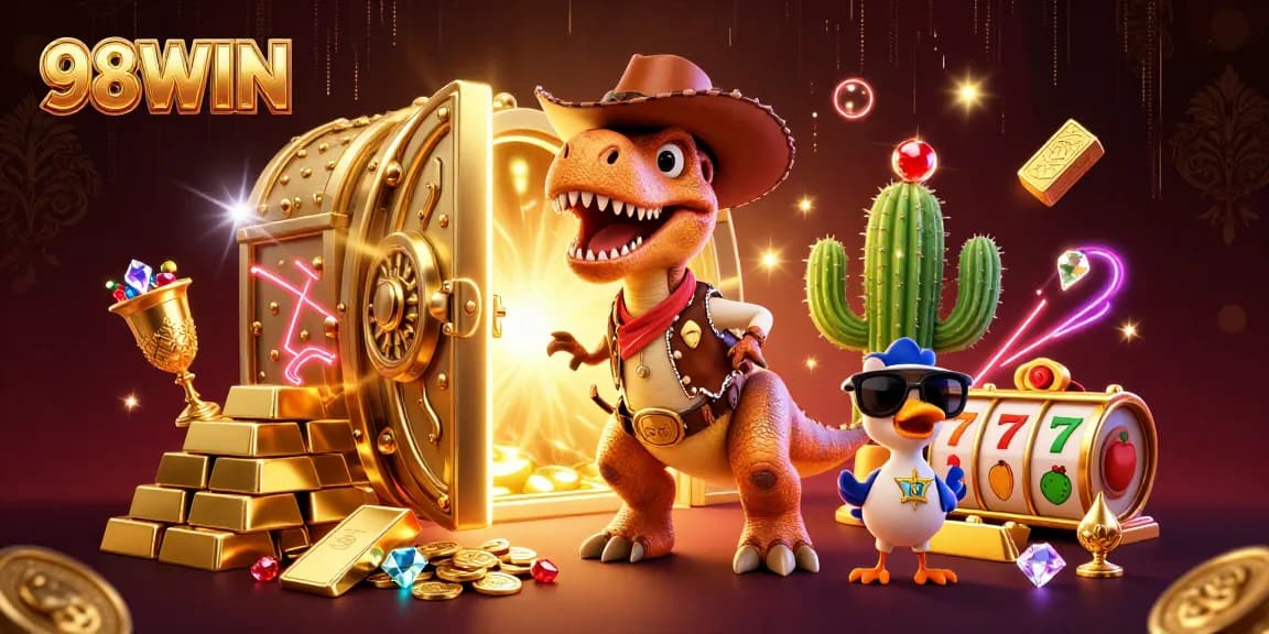 Experience thrilling wins with 98WIN as a cartoon dinosaur and friends play slots and treasure games.