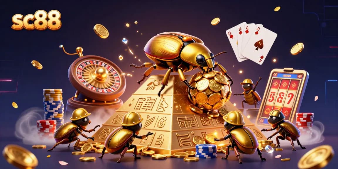 Experience the excitement of sc88 with golden coins and casino elements in a dynamic 3D illustration.