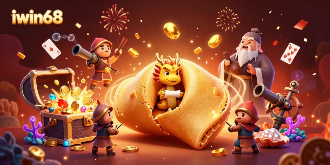 Experience thrilling wins at iwin68 with dynamic 3D casino art showcasing a vibrant fortune cookie scene.