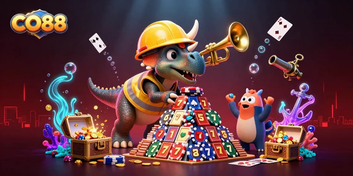 Engage with CO88's vibrant casino adventure amidst dazzling casino elements in a dynamic scene.