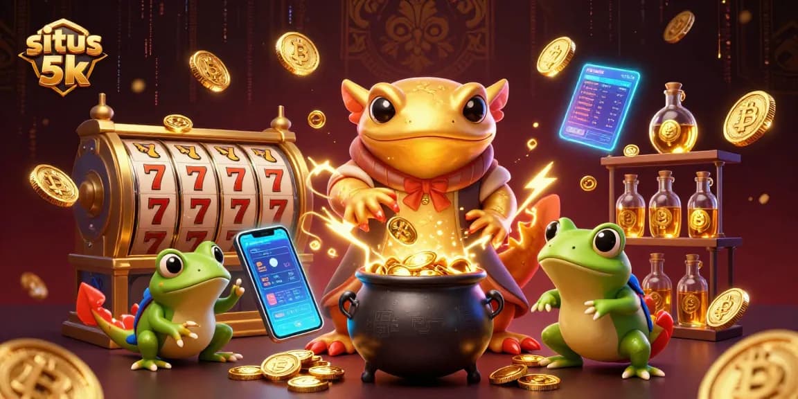 Situs 5k features a golden salamander alchemist transforming base metals to gold coins, illustrating online slot potential.