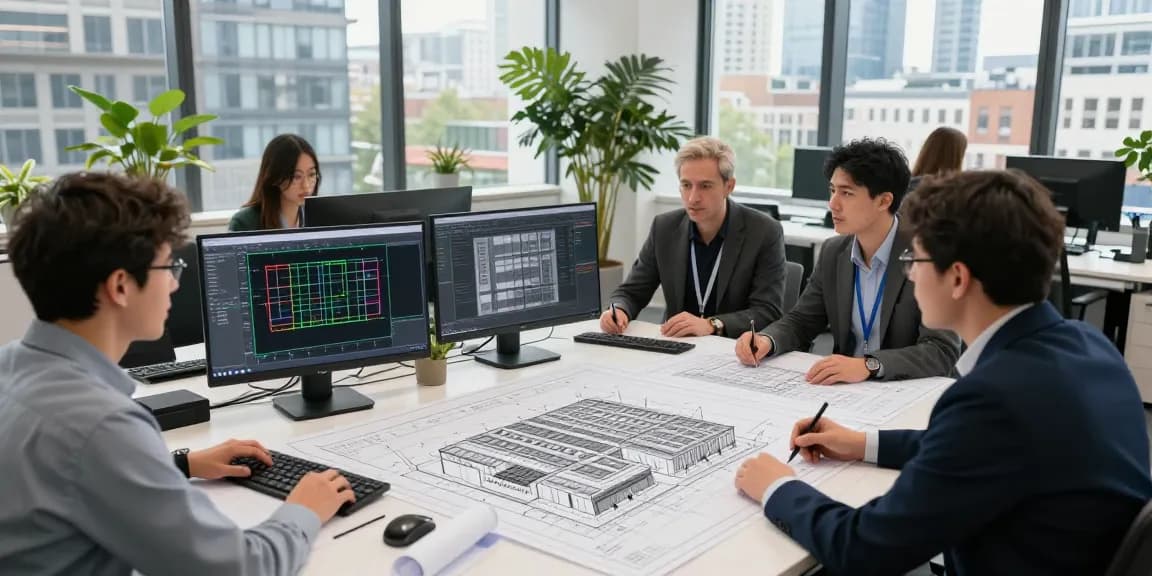 Measured building surveys UK team collaborating on architectural plans in an urban London setting.