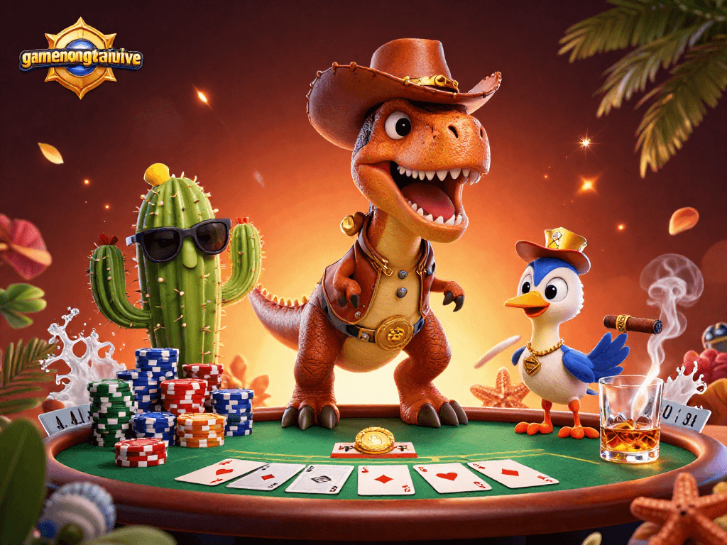Join the excitement at gamenongtraivuive with a vibrant 3D poker scene featuring a cowboy T-Rex!