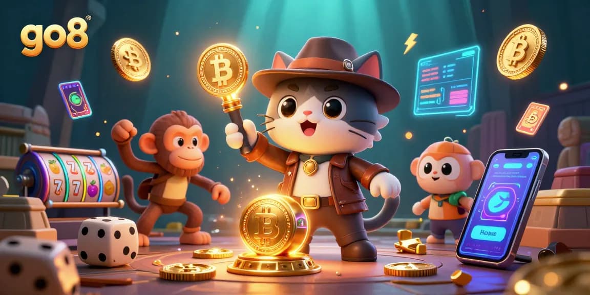 Engage with go8's thrilling casino scene featuring a daring cat archaeologist amidst vibrant slot elements.