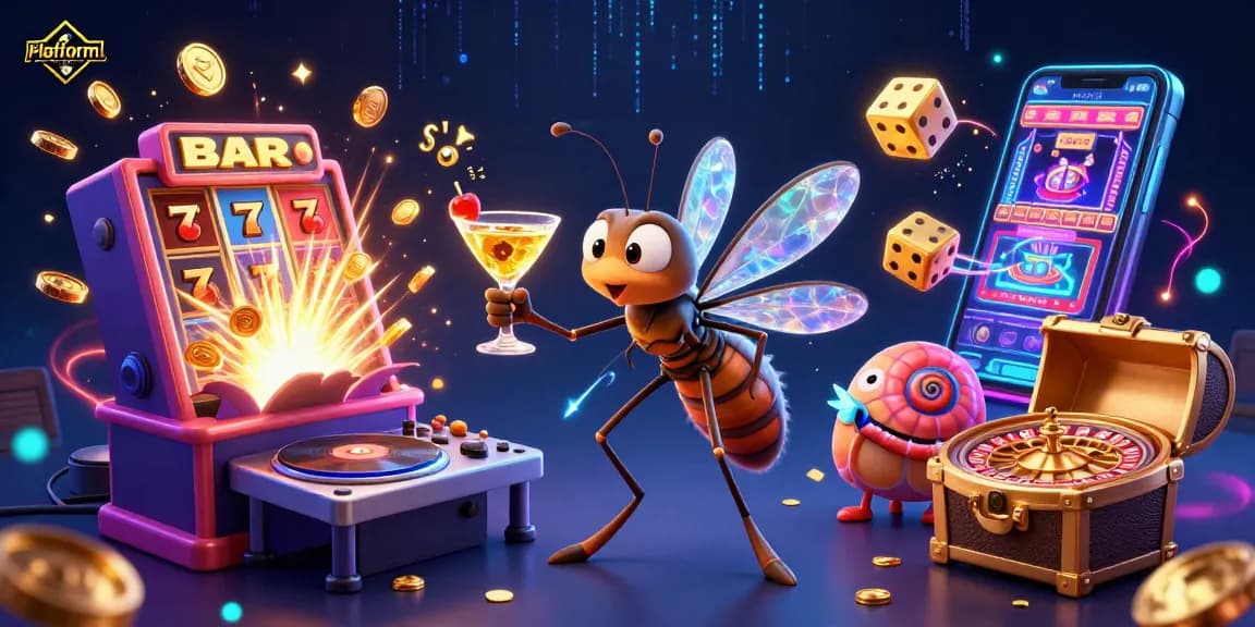 Experience thrilling action with platformgames as a vibrant frozen mosquito mascot alongside a trilobite DJ spinning fossils.