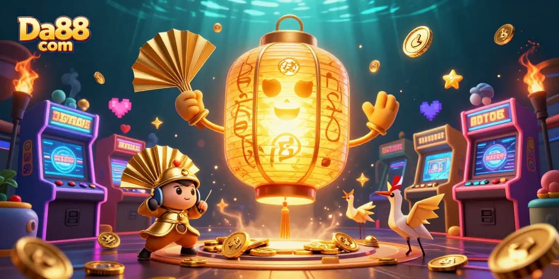 Win big with Da88 com in a vibrant casino scene featuring 3D animated characters and neon game elements.