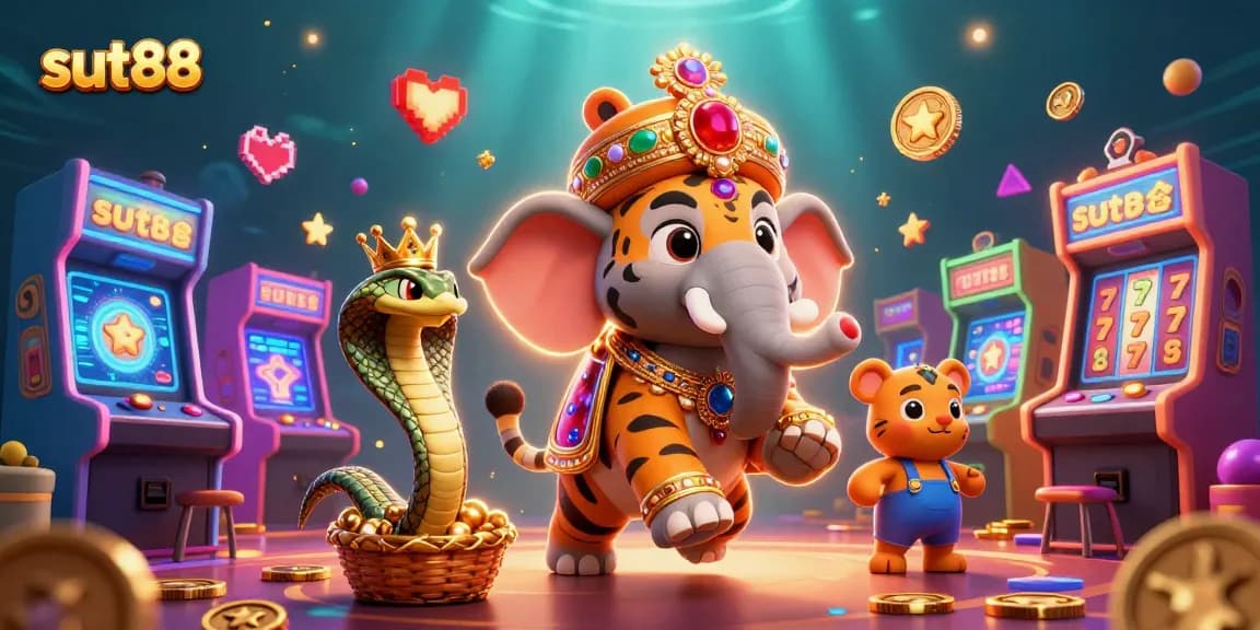 Sut88 brings thrilling casino action with a maharaja tiger, a jewel elephant, and vibrant slot elements.