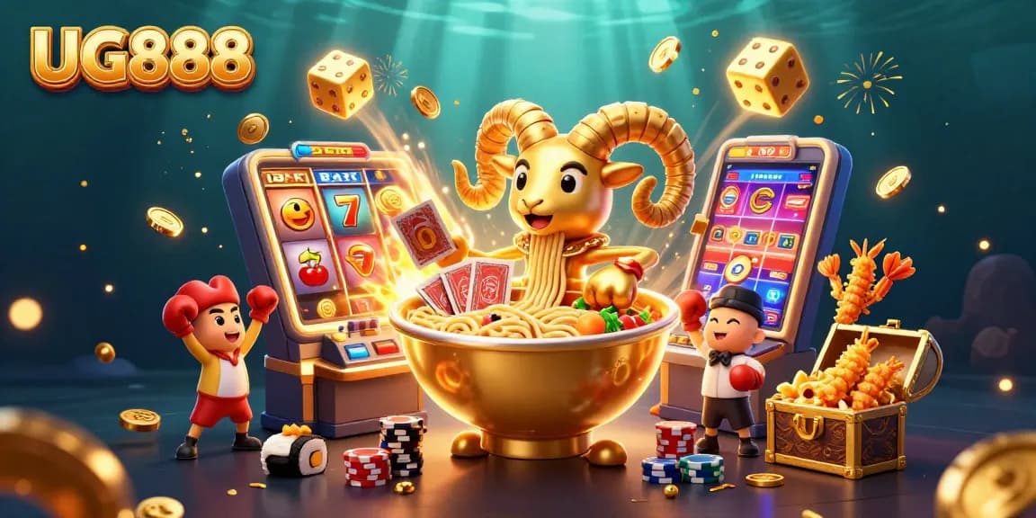 Experience thrilling gameplay at UG888 with a colorful casino illustration featuring lively characters!