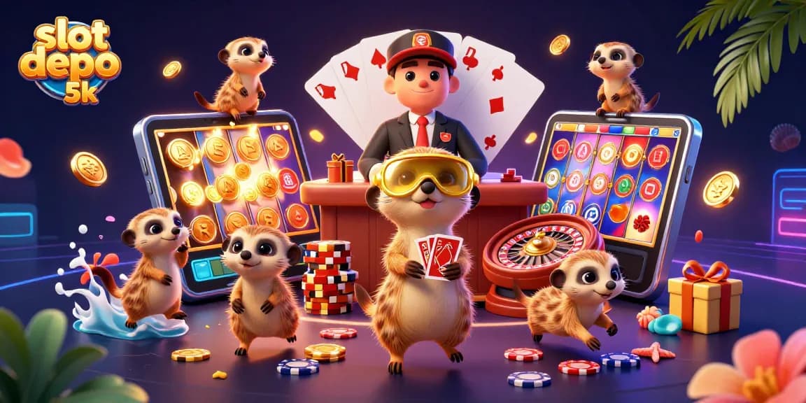 Experience thrilling wins with slot depo 5k at this vibrant meerkat casino illustration.