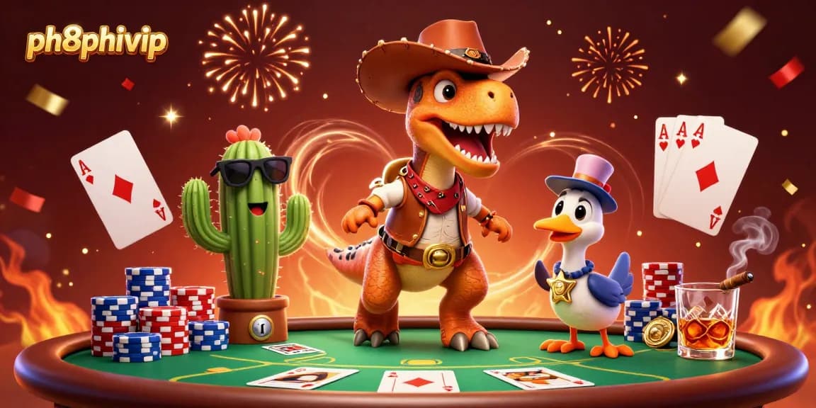 Join the excitement at ph8phivip as a cowboy dinosaur and friends take on thrilling poker!