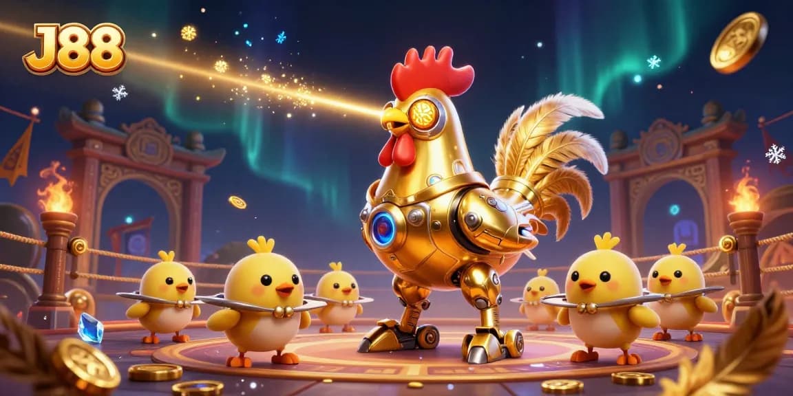 J88 casino scene with a golden rooster robot and baby chick drones amidst vibrant gaming elements.