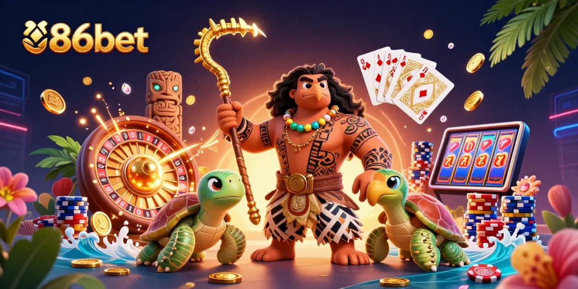 Catch the excitement of 86bet with a vibrant casino scene featuring a Maui-style demigod and vibrant game elements.