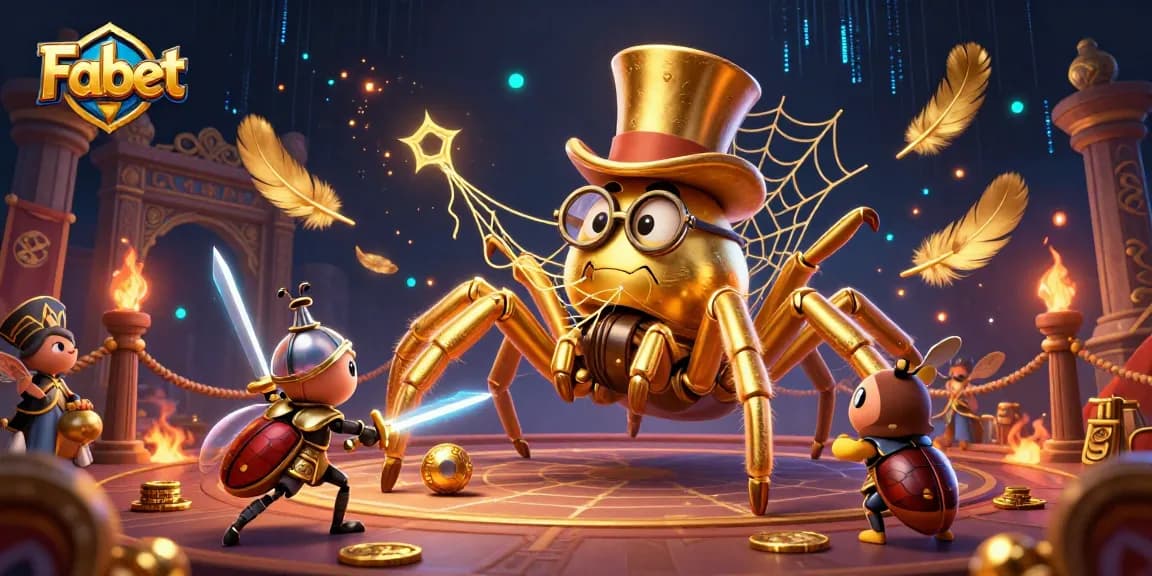 Fabet showcases a thrilling casino scene with a giant tarantula weaving golden webs around beetle knights.