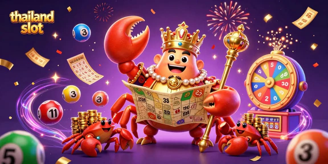 Engage in thailand slot with vibrant 3D illustration of a golden crab emperor amidst colorful symbols and prizes.