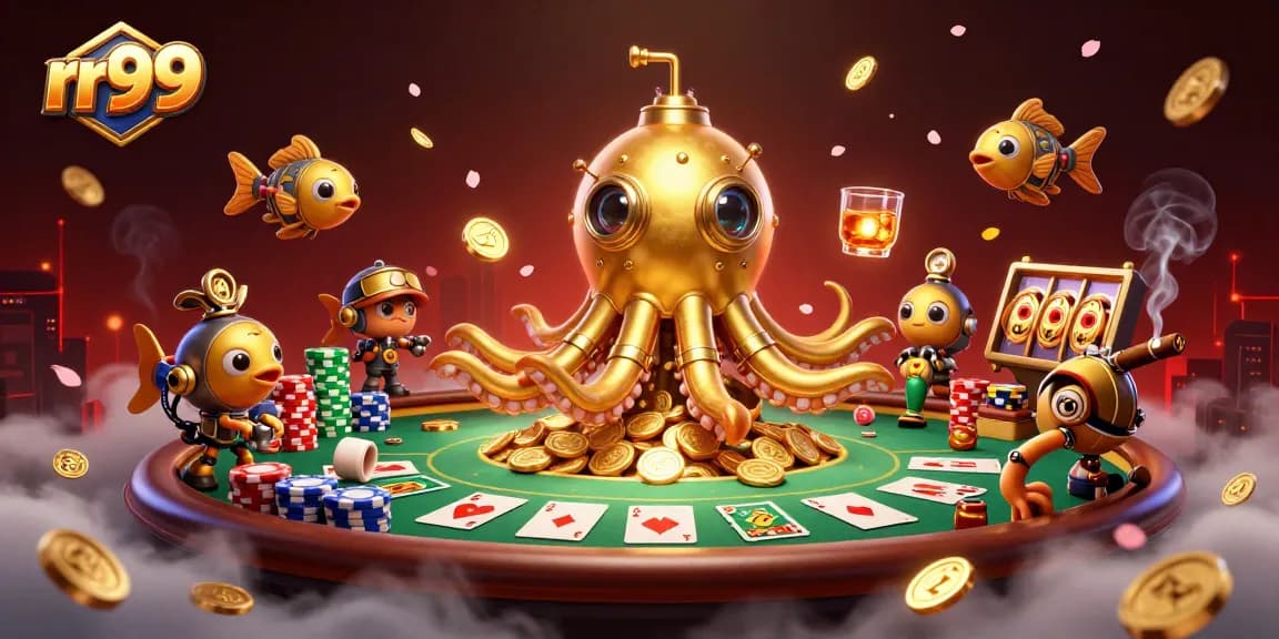 Experience incredible wins with rr99 in this immersive 3D casino-themed scene featuring vibrant slots and poker elements.