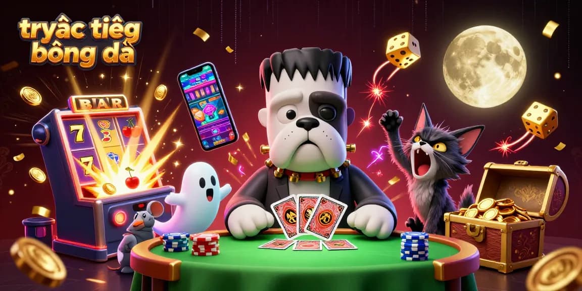 Engage in trực tiếp bóng đá action with a lively 3D illustration featuring a Frankenstein bulldog dealer amidst dynamic casino elements.