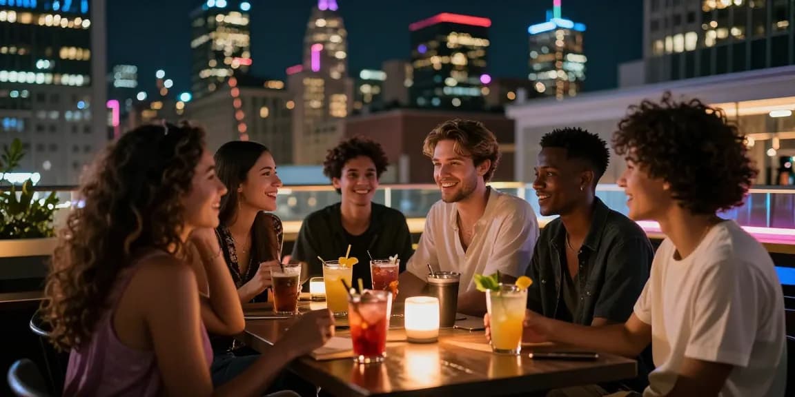 Vibrant urban nightlife scene showing friends enjoying conversations and drinks, embodying the essence of sluts ai.