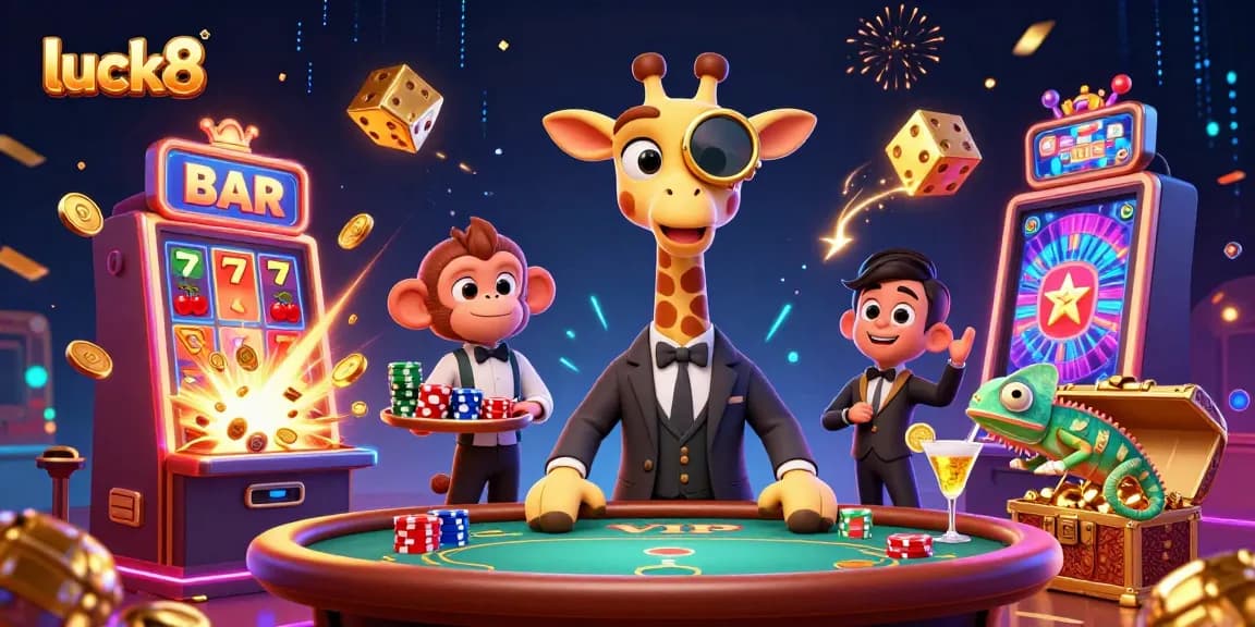 Experience luck8 excitement with a vibrant casino scene featuring a high-roller giraffe and dynamic game elements.