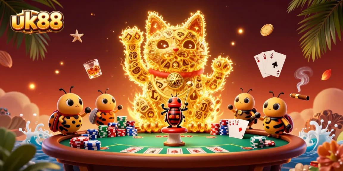 Engage with uk88’s thrilling casino experience featuring a dynamic lucky cat and poker elements.