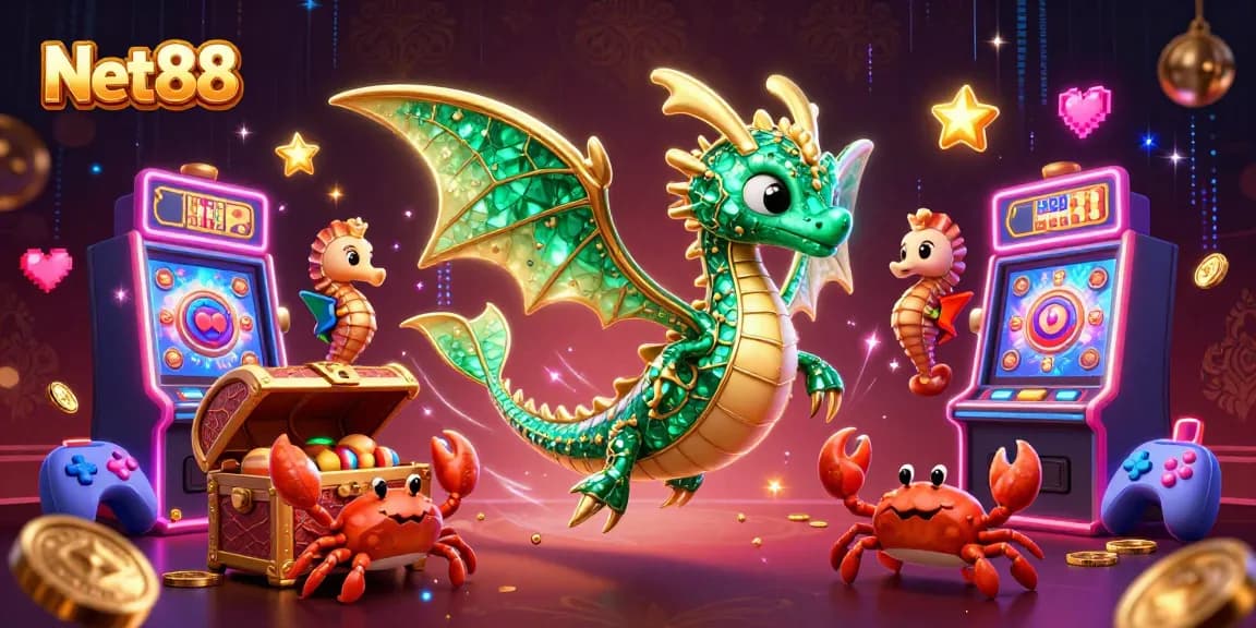 Engage with Net88 in a vibrant 3D casino illustration showcasing a leafy sea dragon, royal seahorse guards, and slot machines.