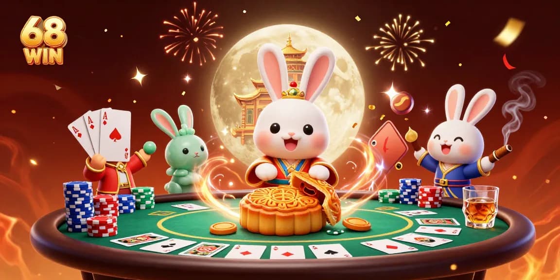 Experience thrilling gameplay at 68 WIN with colorful poker chips, rabbit characters, and vibrant casino elements.
