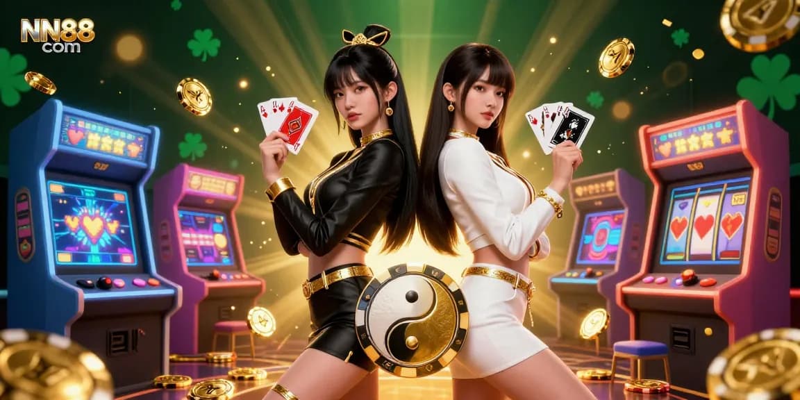 Engage with the exciting world of NN88 com, featuring twin Asian women in a vibrant casino scene with playing cards and gaming elements.