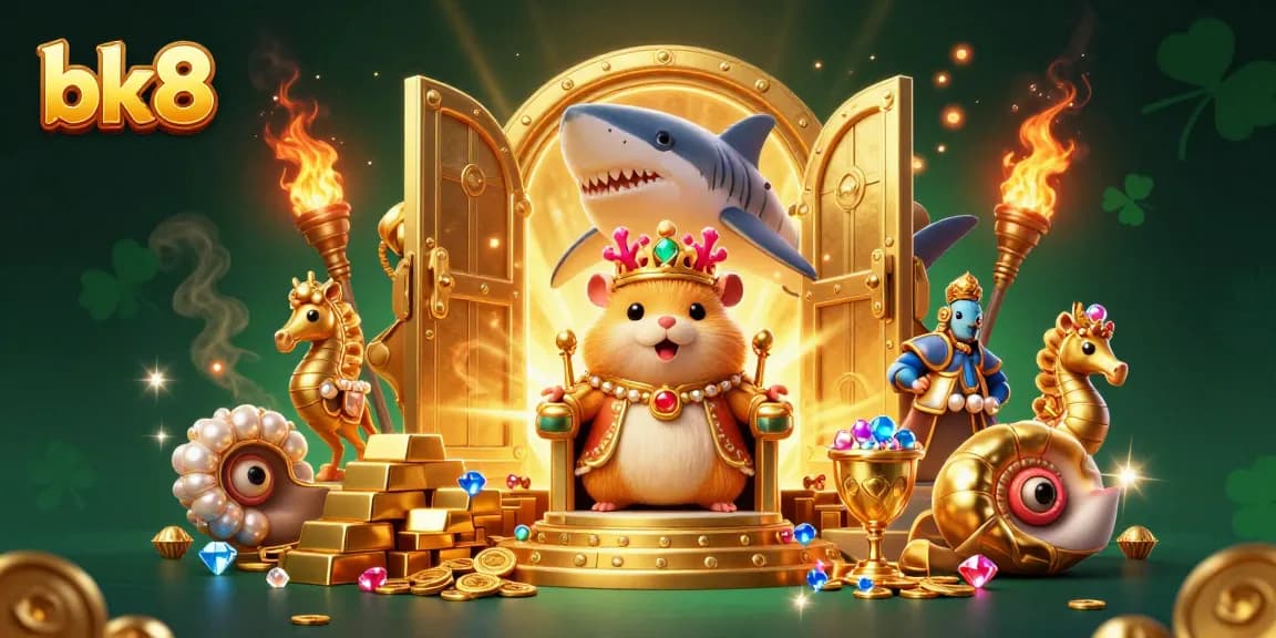 Join the excitement of bk8 with a lively scene of a golden hamster king ruling over treasures, symbolizing winning strategies in gambling.