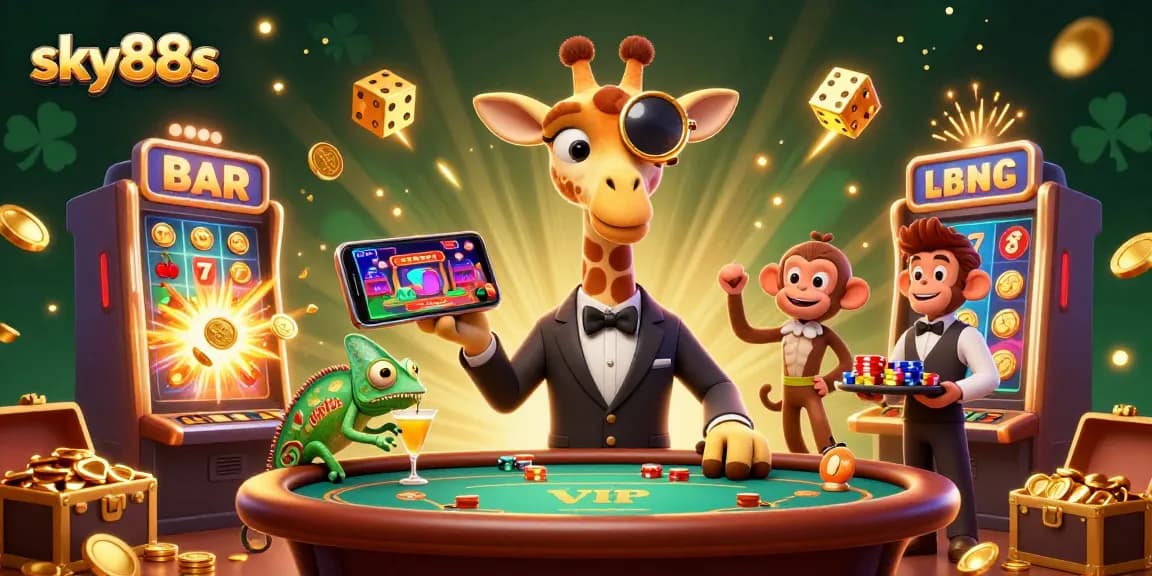 Experience exciting gameplay with sky88s, featuring a giraffe, monkey, and chameleon in a vibrant casino.