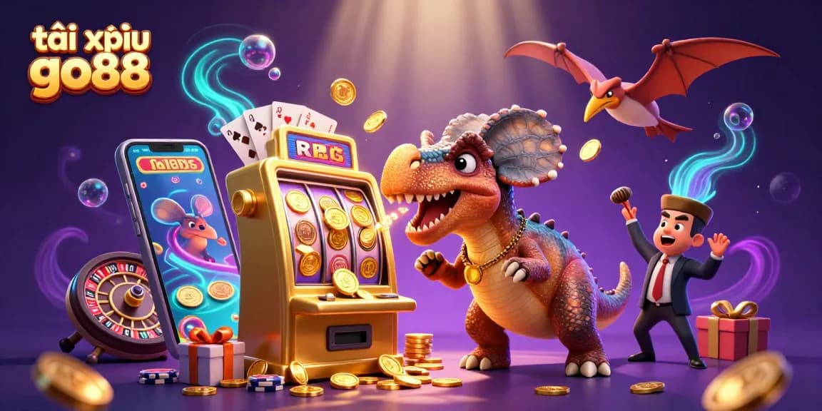 Tài xỉu go88 illustration of playful dinosaurs interacting with casino elements amidst a dazzling backdrop.